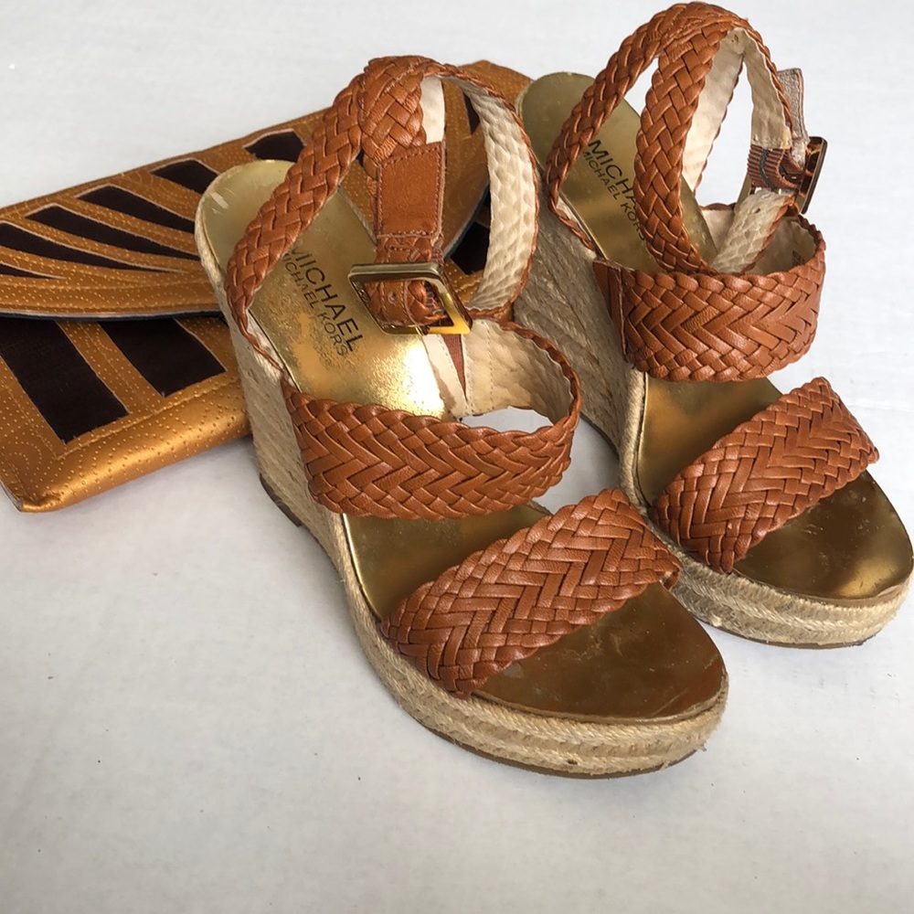 Michael Kors wedge ratan braided leather sandals in 6.5 sexy elongating